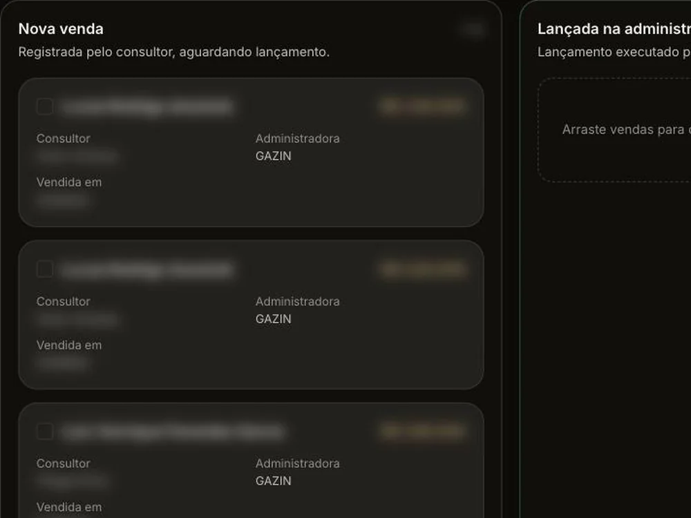 Vendas registradas aguardando lançamento na administradora, com dados borrados