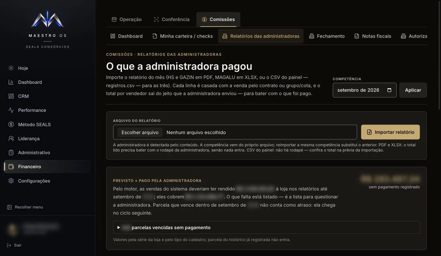 Importação do relatório de comissão da administradora no MAESTRO OS, com valores borrados